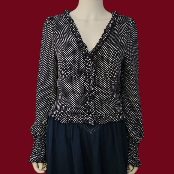 WISHLIST APPAREL Retro Navy Blue Polka Dot Ruffle Button Down Smock Poet Blouse - Picture 1 of 12